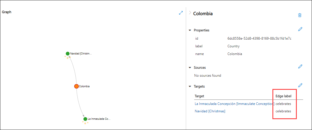 Showing the Edge labels in the Properties pane on the right hand side of Azure Data Explorer