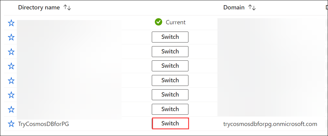 Screenshot of the Directories + subscriptions blade with the Switch button for TryCosmosDBforPG directory highlighted