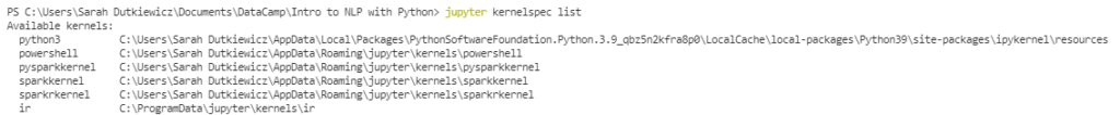 Jupyter kernels installed include: python3, powershell, pysparkkernel, sparkkernel, sparkrkernel, ir