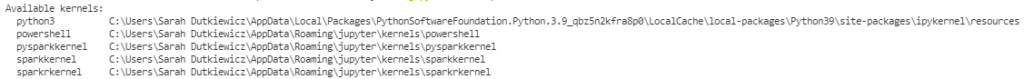 Available kernels: python3, powershell, pysparkkernel, sparkkernel, and sparkrkernel