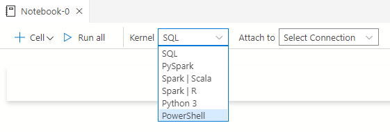 Default Azure Data Studio kernels: SQL, PySpark, Spark | Scala, Spark | R, Python 3, and PowerShell